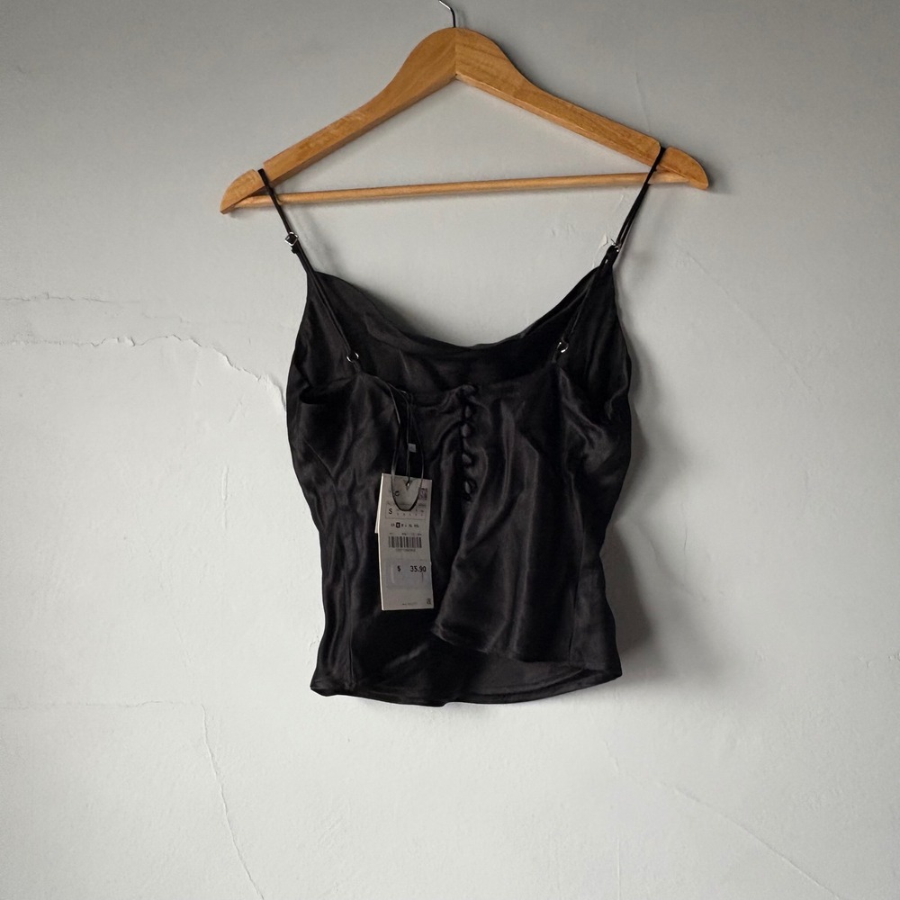 Zara Cowl Neck Black Satin Cami Top Small - Picture 2 of 5